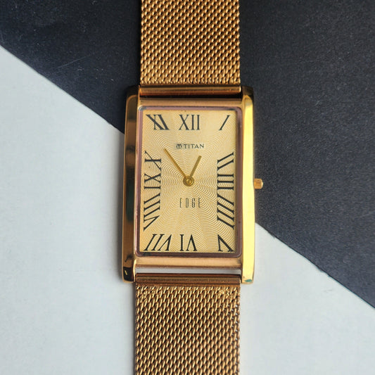 Original TITAN EDGE 1514YAA Rectangular Golden Face 28MM Case Men's Watch H67