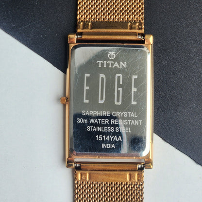 Original TITAN EDGE 1514YAA Rectangular Golden Face 28MM Case Men's Watch H67