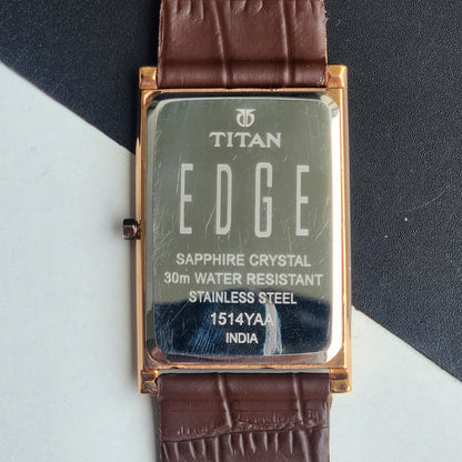 Original TITAN EDGE 151AYAA Rectangular Golden Face 28MM Case Men's Watch H74