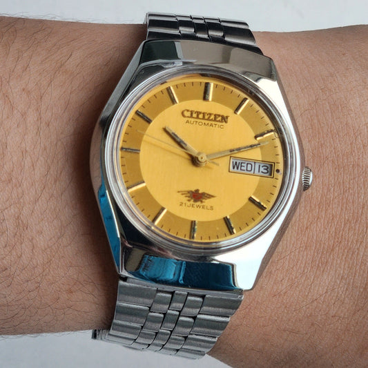 Vintage 1974 Original Citizen Automatic 8200 Golden Face 21 Jewels Day-Date Japanese Men's Wrist Watch EA15