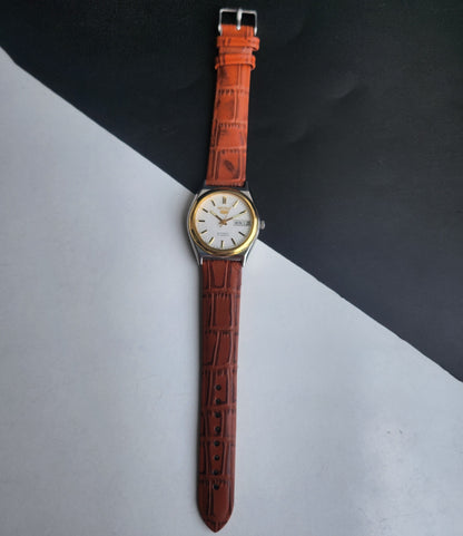 Vintage 1996 Original Seiko 5 Automatic 7S26-0070 White Face 21 Jewels Croco Tan Leather Strap Day-Date Japanese Men's Wrist Watch EG200