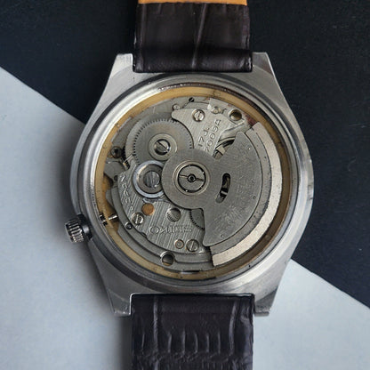 Vintage 1981 Original Seiko 5 Automatic 7009-3171 Golden Face 17 Jewels Brown Leather Strap Day-Date Japanese Men's Wrist Watch EG202
