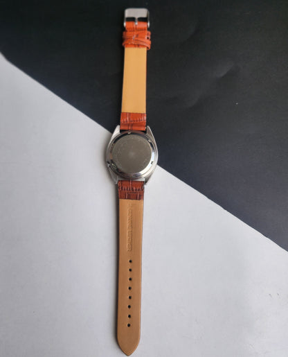 Vintage 1979 Original Seiko 5 Automatic 7S26-3040 Golden Face 21 Jewels Croco Tan Leather Strap Day-Date Japanese Men's Wrist Watch EG206