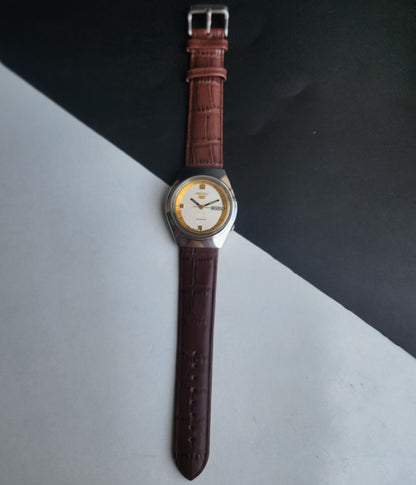 Vintage 1980 Original Seiko 5 Automatic 6309-8500 White Face 17 Jewels Croco Tan Leather Strap Day-Date Japanese Men's Wrist Watch EG207