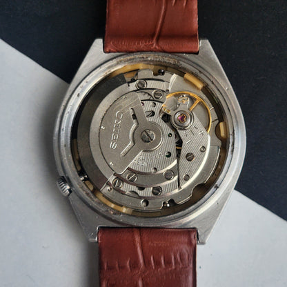 Vintage 1991 Original Seiko 5 Automatic 6309-8690 Grey Face 17 Jewels Tan Leather Strap Day-Date Japanese Men's Wrist Watch EG210