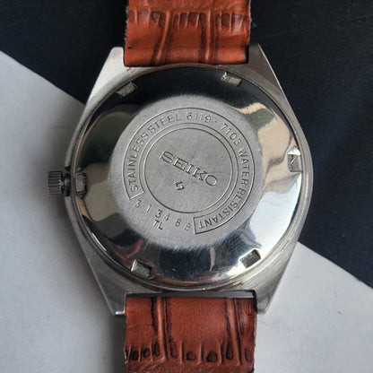 Vintage 1973 Original Seiko 5 Automatic 6119-7103 Black Face 17 Jewels Croco Tan Leather Strap Day-Date Japanese Men's Wrist Watch EG211