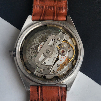 Vintage 1973 Original Seiko 5 Automatic 6119-7103 Black Face 17 Jewels Croco Tan Leather Strap Day-Date Japanese Men's Wrist Watch EG211