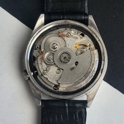 Vintage 1980 Original Seiko 5 Automatic 7009-2090 Black Face 17 Jewels Black Leather Strap Day-Date Japanese Men's Wrist Watch EG217