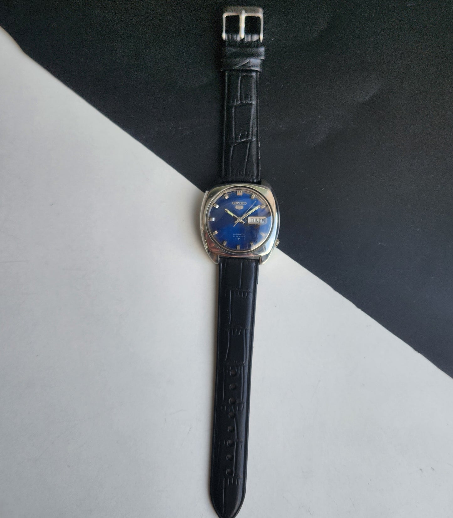 Vintage 1970 Original Seiko 5 Automatic 6119-7103 Blue Face 17 Jewels Black Leather Strap Day-Date Japanese Men's Wrist Watch EG219