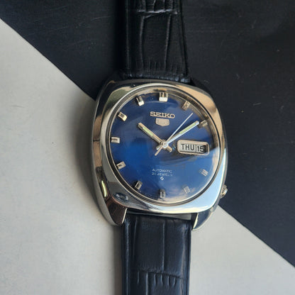 Vintage 1970 Original Seiko 5 Automatic 6119-7103 Blue Face 17 Jewels Black Leather Strap Day-Date Japanese Men's Wrist Watch EG219