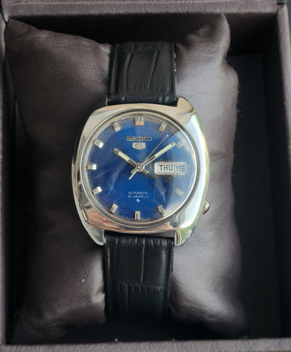 Vintage 1970 Original Seiko 5 Automatic 6119-7103 Blue Face 17 Jewels Black Leather Strap Day-Date Japanese Men's Wrist Watch EG219