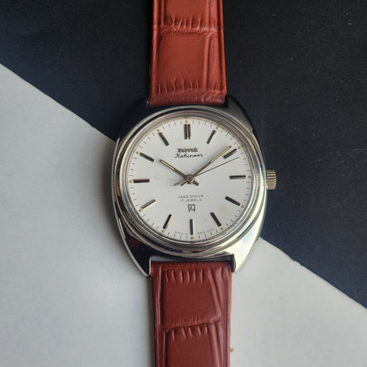Vintage Original HMT Kohinoor Hand Winding 17 Jewels White Face Tan Leather Strap Men's Wrist Watch I14