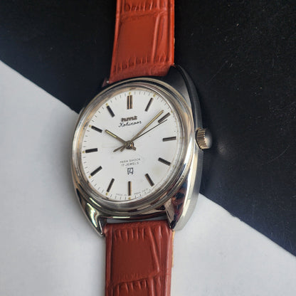 Vintage Original HMT Kohinoor Hand Winding 17 Jewels White Face Tan Leather Strap Men's Wrist Watch I14
