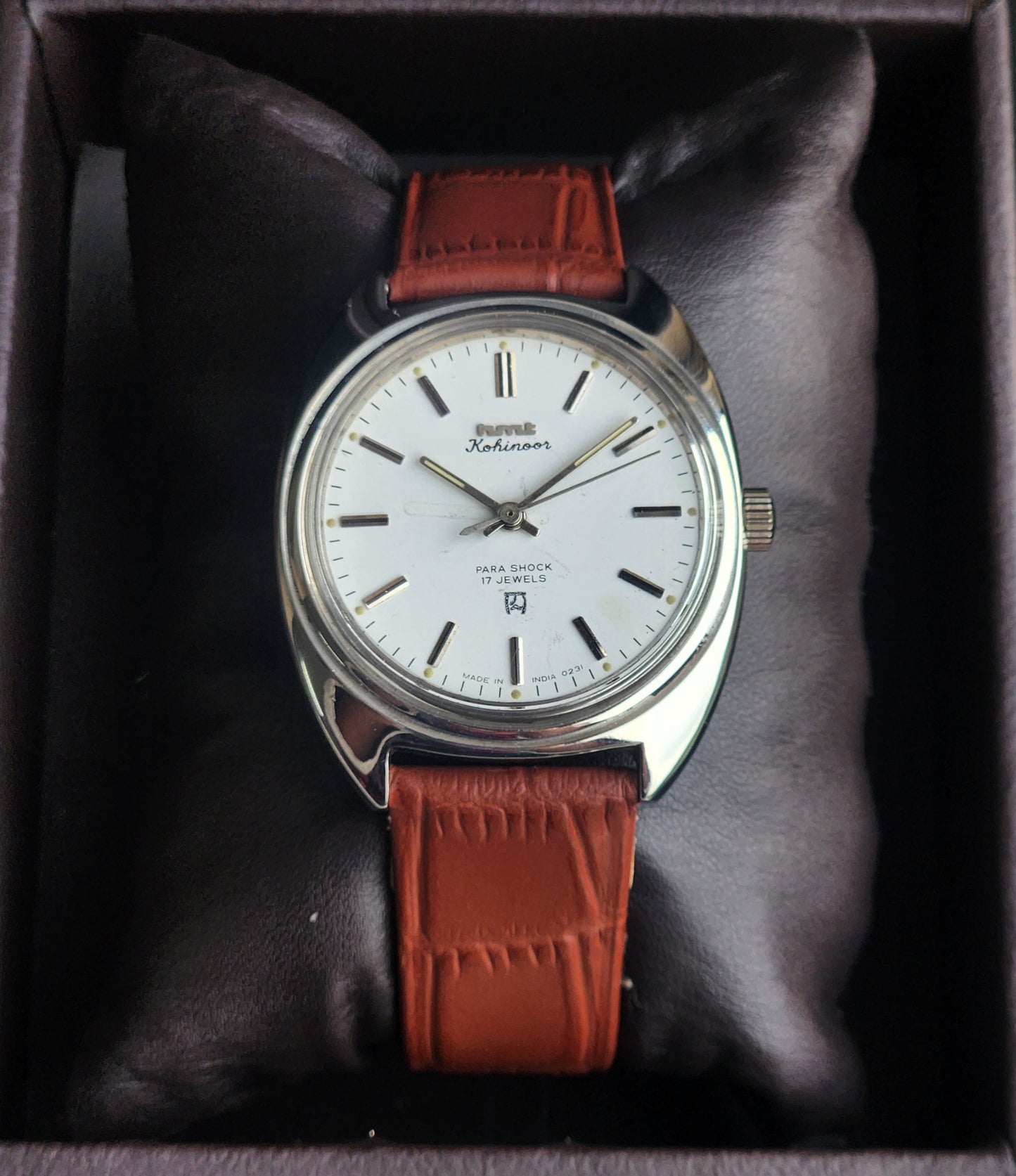 Vintage Original HMT Kohinoor Hand Winding 17 Jewels White Face Tan Leather Strap Men's Wrist Watch I14