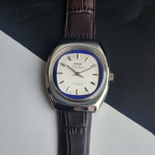 Vintage Original HMT Chethan Hand Winding 17 Jewels Silver Face Brown Leather Strap Men's Wrist Watch I15