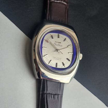 Vintage Original HMT Chethan Hand Winding 17 Jewels Silver Face Brown Leather Strap Men's Wrist Watch I15