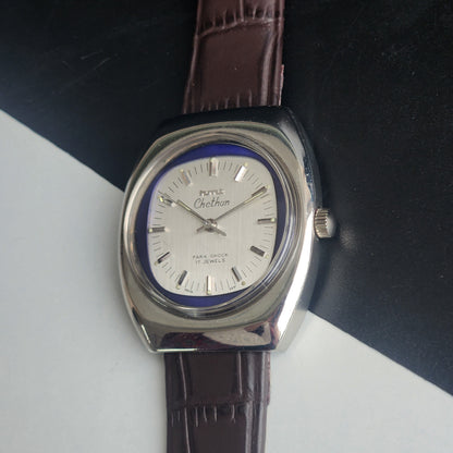 Vintage Original HMT Chethan Hand Winding 17 Jewels Silver Face Brown Leather Strap Men's Wrist Watch I15