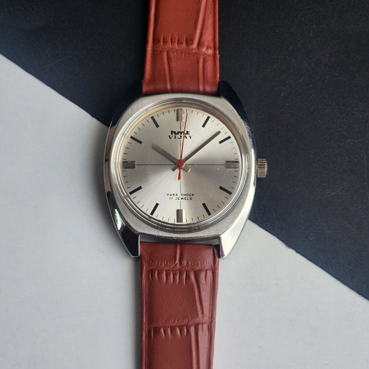 Vintage Original HMT Vijay Hand Winding 17 Jewels Silver Face Tan Leather Strap Men's Wrist Watch I16