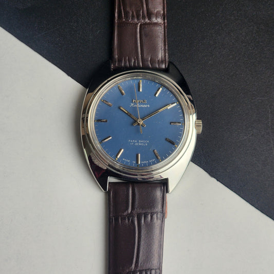 Vintage Original HMT Kohinoor Hand Winding 17 Jewels Blue Face Brown Leather Strap Men's Wrist Watch I17