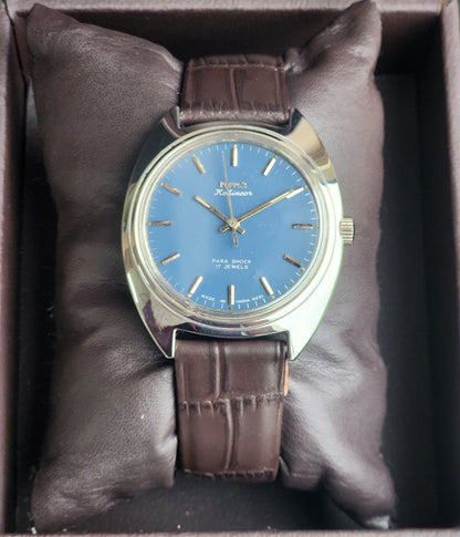 Vintage Original HMT Kohinoor Hand Winding 17 Jewels Blue Face Brown Leather Strap Men's Wrist Watch I17