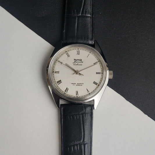 Vintage Original HMT Janata Hand Winding 17 Jewels White Face Black Leather Strap Men's Wrist Watch I18
