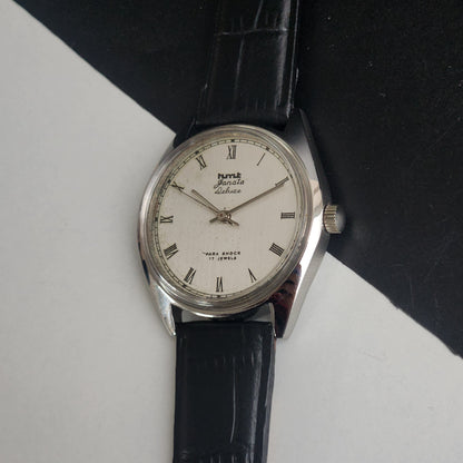 Vintage Original HMT Janata Hand Winding 17 Jewels White Face Black Leather Strap Men's Wrist Watch I18