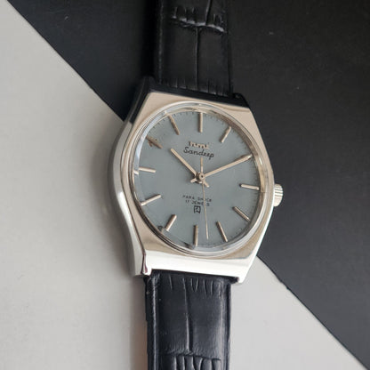 Vintage Original HMT Sandeep Hand Winding 17 Jewels Grey Face Black Leather Strap Men's Wrist Watch I19