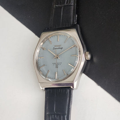 Vintage Original HMT Sandeep Hand Winding 17 Jewels Grey Face Black Leather Strap Men's Wrist Watch I19