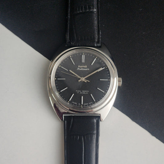 Vintage Original HMT Kohinoor Hand Winding 17 Jewels Balck Face Black Leather Strap Men's Wrist Watch I20