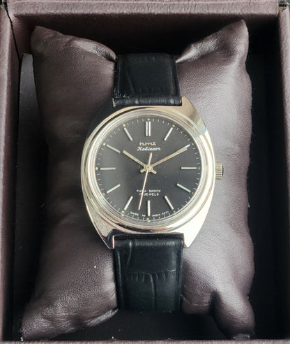 Vintage Original HMT Kohinoor Hand Winding 17 Jewels Balck Face Black Leather Strap Men's Wrist Watch I20