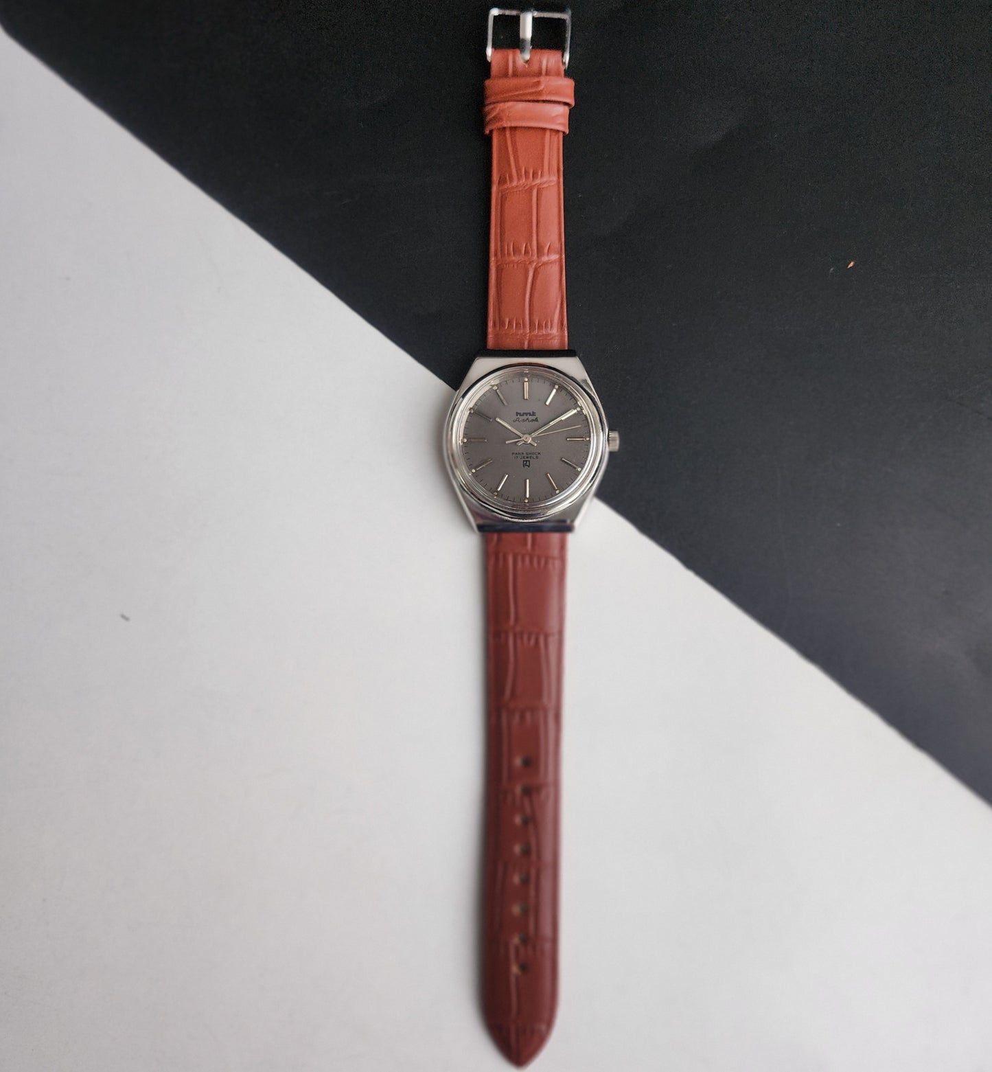 Vintage Original HMT Ashok Hand Winding 17 Jewels Grey Face Tan Leather Strap Men's Wrist Watch I21