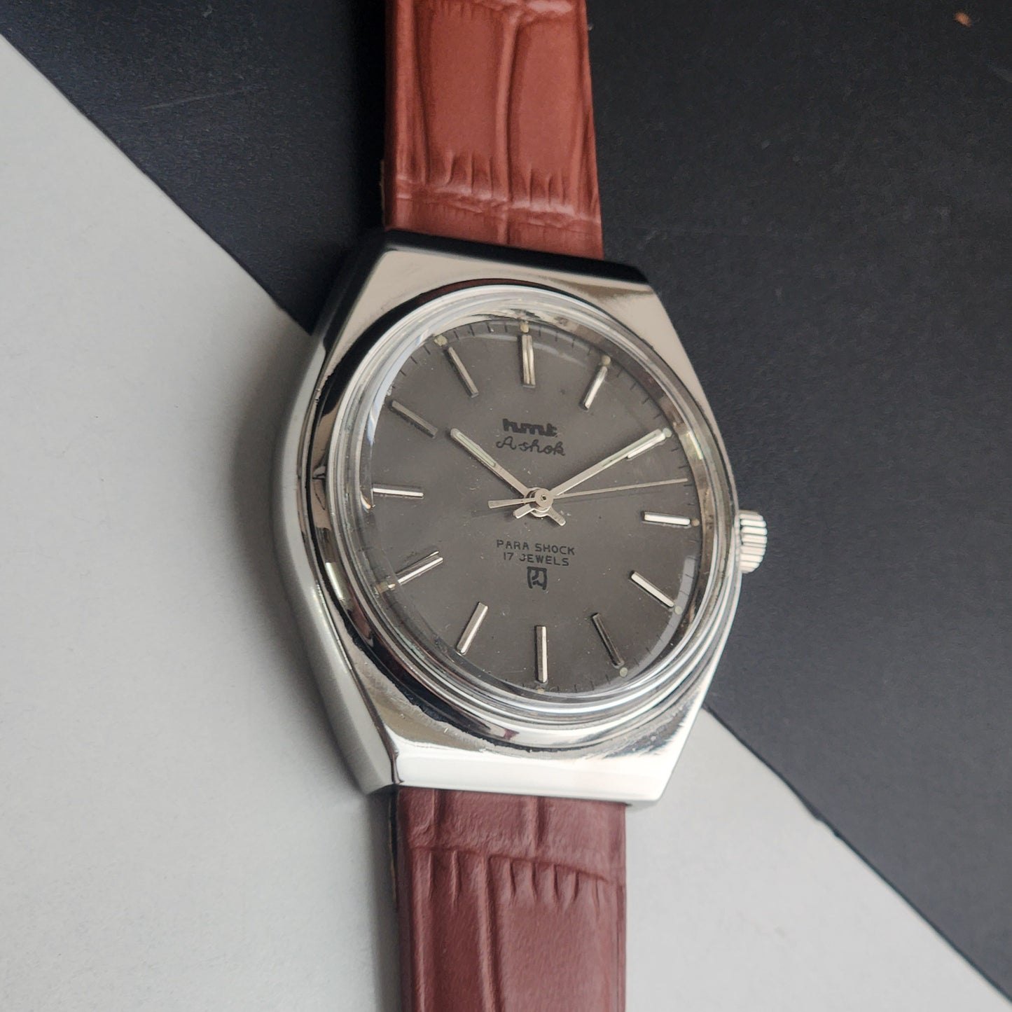 Vintage Original HMT Ashok Hand Winding 17 Jewels Grey Face Tan Leather Strap Men's Wrist Watch I21