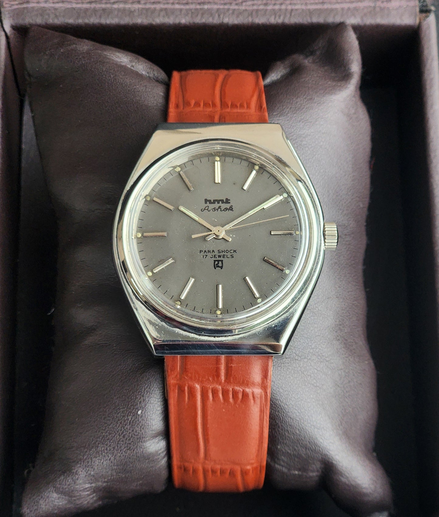 Vintage Original HMT Ashok Hand Winding 17 Jewels Grey Face Tan Leather Strap Men's Wrist Watch I21