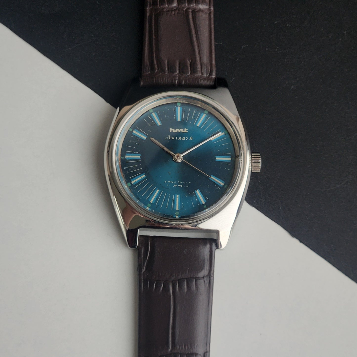 Vintage Original HMT Avinash Hand Winding 17 Jewels Blue Face Brown Leather Strap Men's Wrist Watch I22