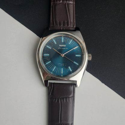 Vintage Original HMT Avinash Hand Winding 17 Jewels Blue Face Brown Leather Strap Men's Wrist Watch I22