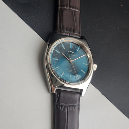 Vintage Original HMT Avinash Hand Winding 17 Jewels Blue Face Brown Leather Strap Men's Wrist Watch I22