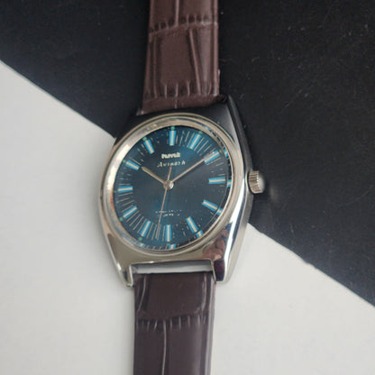 Vintage Original HMT Avinash Hand Winding 17 Jewels Blue Face Brown Leather Strap Men's Wrist Watch I22