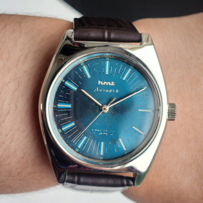 Vintage Original HMT Avinash Hand Winding 17 Jewels Blue Face Brown Leather Strap Men's Wrist Watch I22