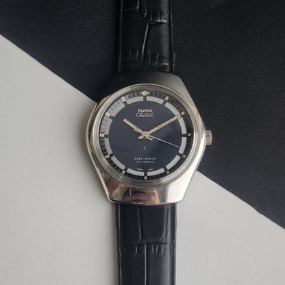Vintage Original HMT Chetak Hand Winding 17 Jewels Navy Blue Face Black Leather Strap Men's Wrist Watch I23