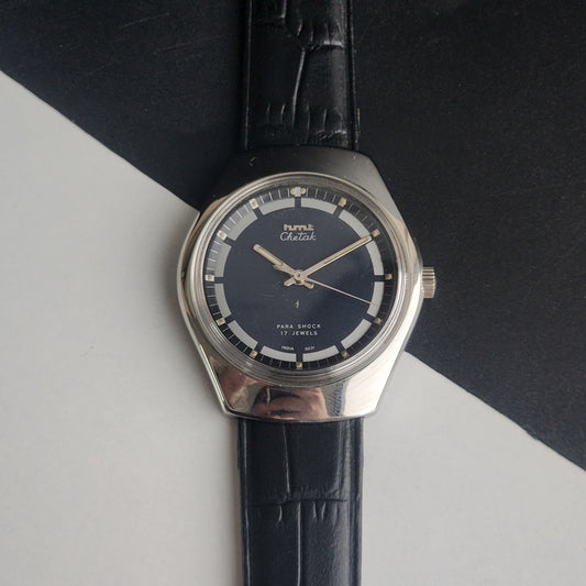 Vintage Original HMT Chetak Hand Winding 17 Jewels Navy Blue Face Black Leather Strap Men's Wrist Watch I23
