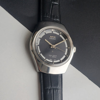 Vintage Original HMT Chetak Hand Winding 17 Jewels Navy Blue Face Black Leather Strap Men's Wrist Watch I23