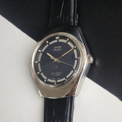 Vintage Original HMT Chetak Hand Winding 17 Jewels Navy Blue Face Black Leather Strap Men's Wrist Watch I23