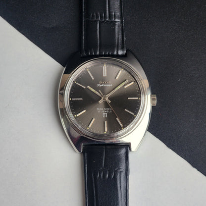 Vintage Original HMT Kohinoor Hand Winding 17 Jewels Grey Face Black Leather Strap Men's Wrist Watch I24
