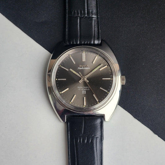 Vintage Original HMT Kohinoor Hand Winding 17 Jewels Grey Face Black Leather Strap Men's Wrist Watch I24