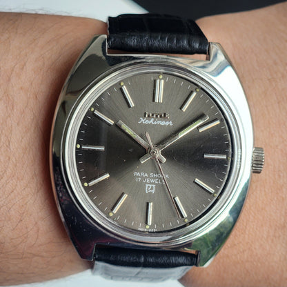 Vintage Original HMT Kohinoor Hand Winding 17 Jewels Grey Face Black Leather Strap Men's Wrist Watch I24