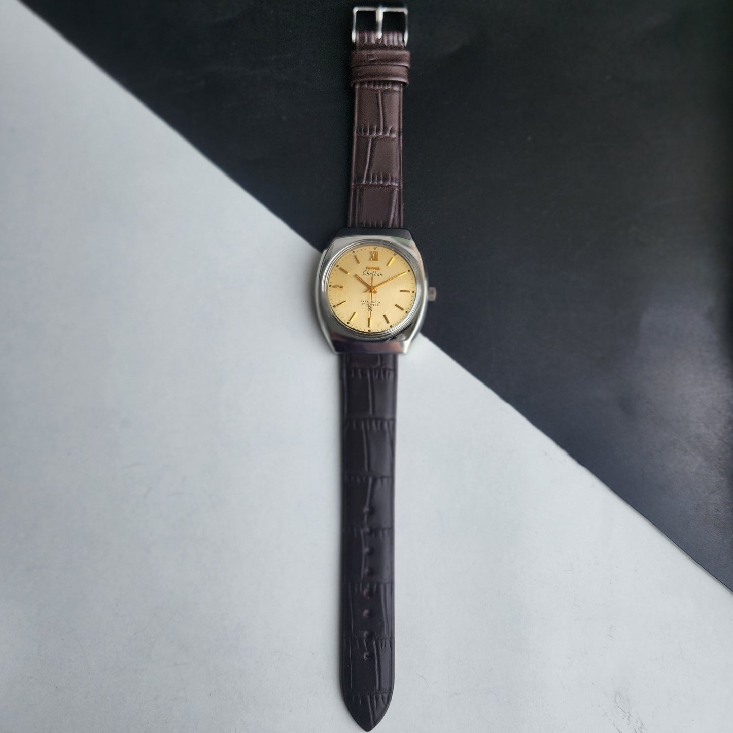 Vintage Original HMT Chethan Hand Winding 17 Jewels Golden Face Brown Leather Strap Men's Wrist Watch I25
