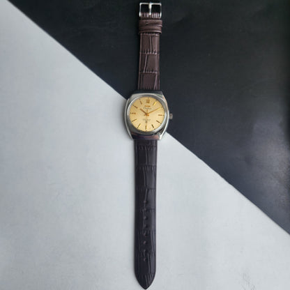 Vintage Original HMT Chethan Hand Winding 17 Jewels Golden Face Brown Leather Strap Men's Wrist Watch I25