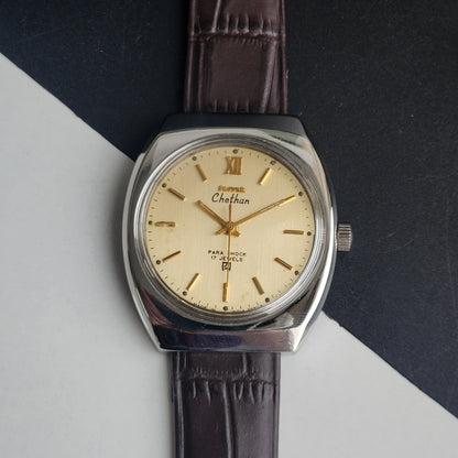Vintage Original HMT Chethan Hand Winding 17 Jewels Golden Face Brown Leather Strap Men's Wrist Watch I25