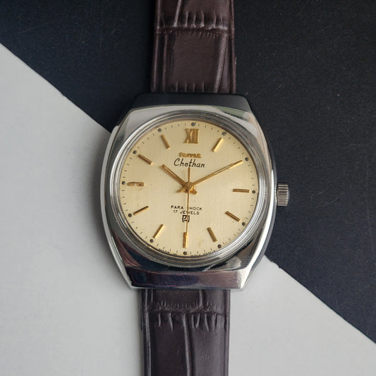Vintage Original HMT Chethan Hand Winding 17 Jewels Golden Face Brown Leather Strap Men's Wrist Watch I25