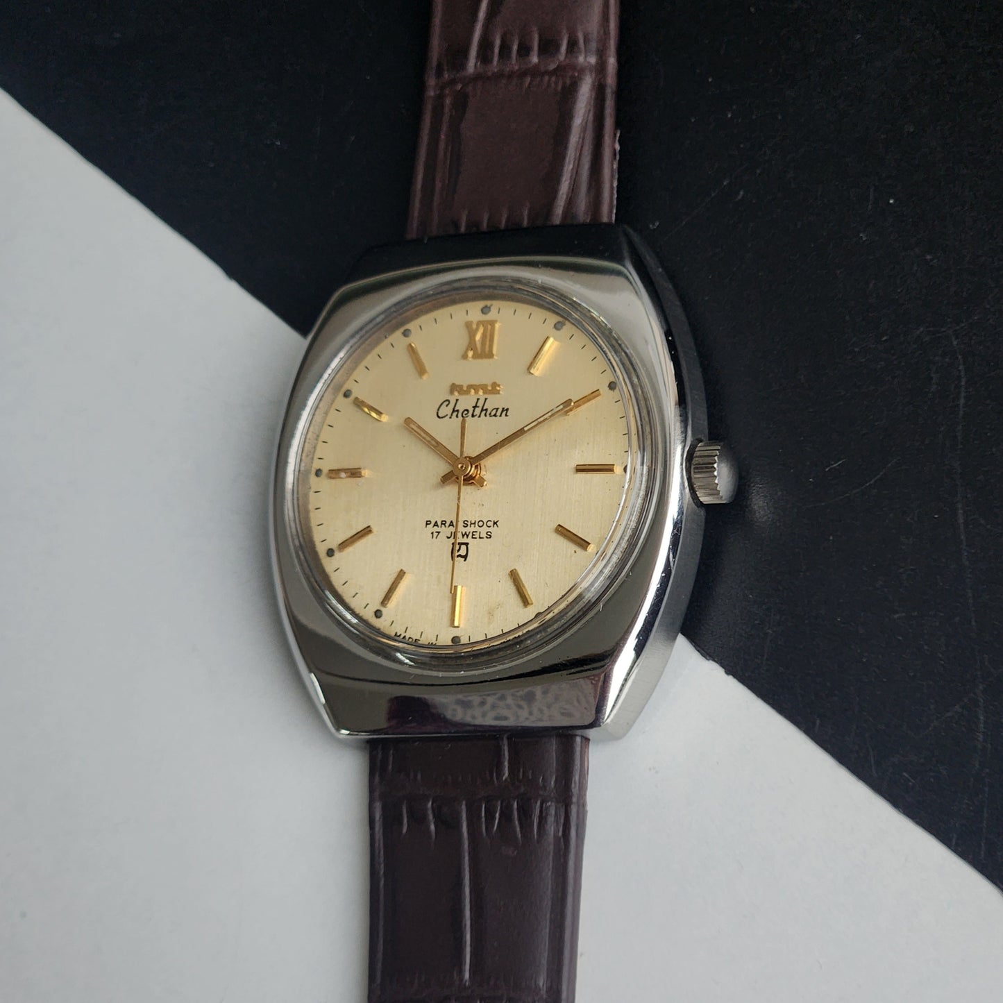 Vintage Original HMT Chethan Hand Winding 17 Jewels Golden Face Brown Leather Strap Men's Wrist Watch I25